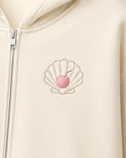 Model showing the back of the PinkyCoco Seashell Jewellery Box hoodie