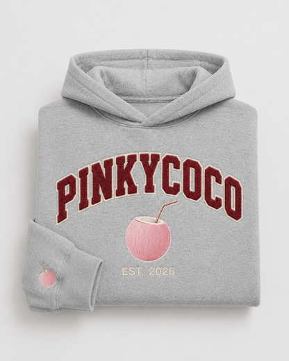 Model showing the back of the PinkyCoco Signature Coco hoodie