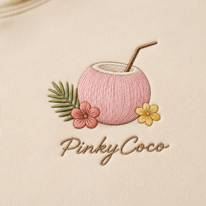 Model showing the back of the PinkyCoco Signature Coconut Farm hoodie