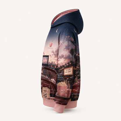 Model showing the back of the PinkyCoco Starlet Drive In hoodie