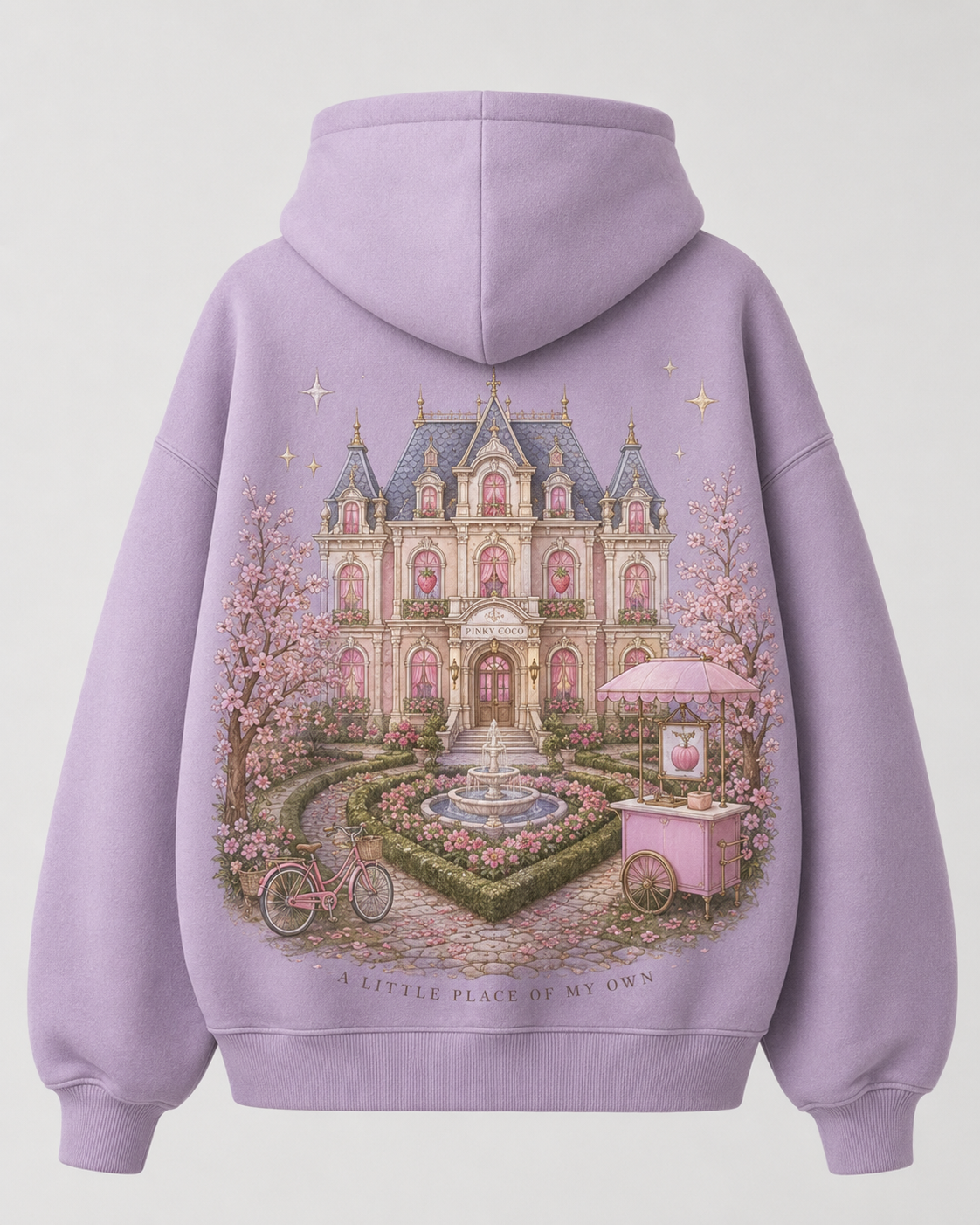 Model showing the back of the PinkyCoco Strawberry Chateau hoodie