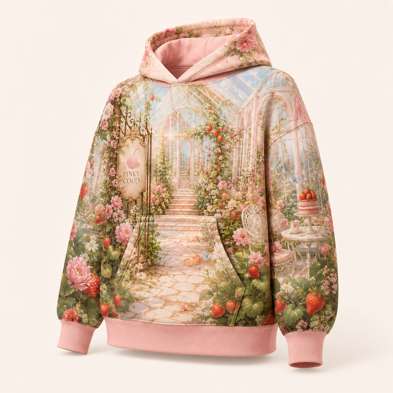 Model showing the back of the PinkyCoco Strawberry Glasshouse hoodie