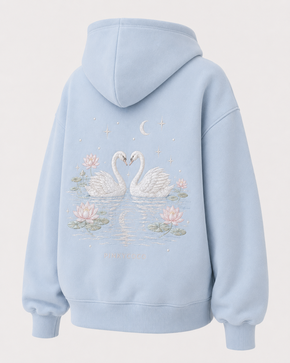 Model showing the back of the PinkyCoco Swan Lake hoodie