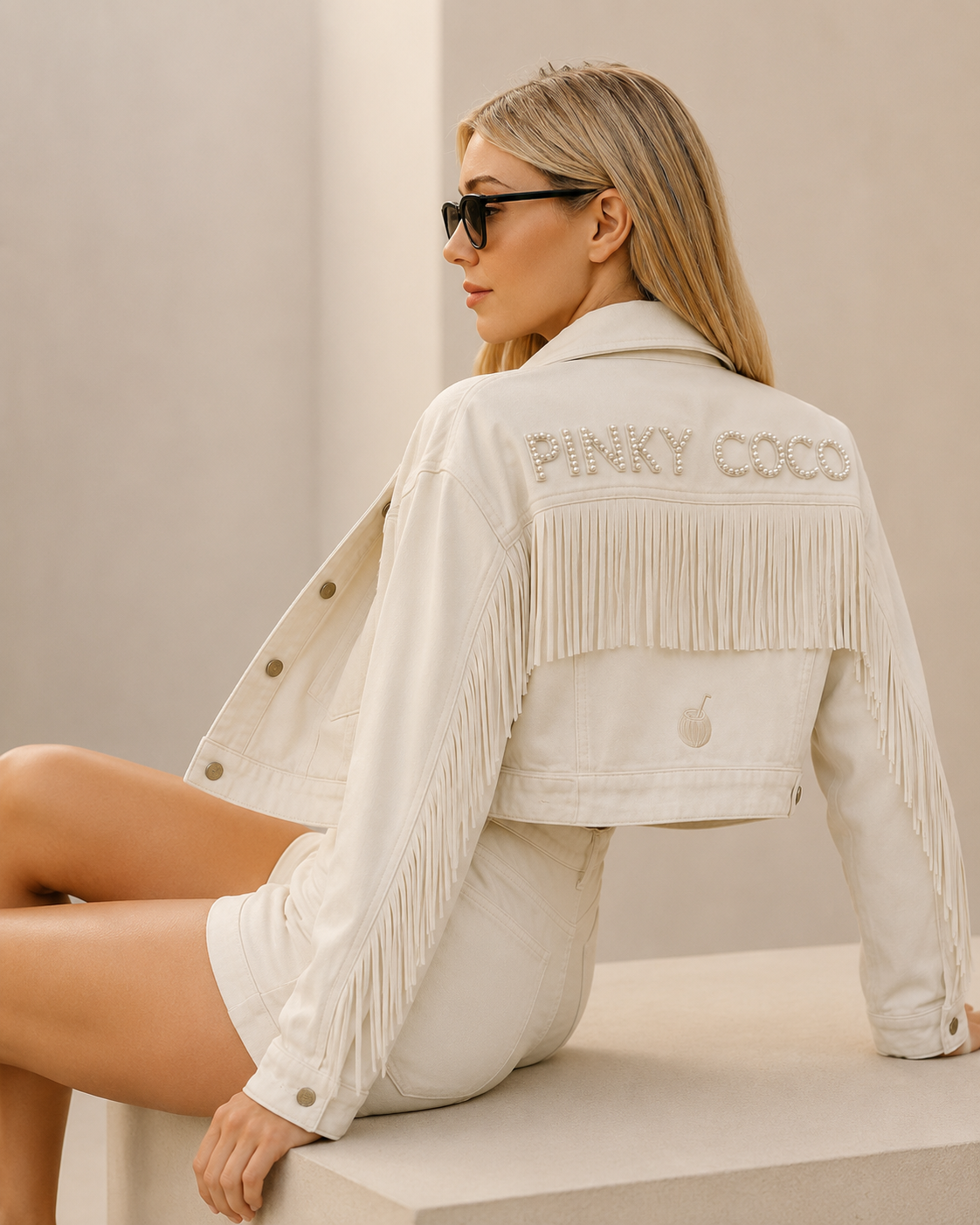 Model wearing PinkyCoco White Fringe Women's Denim Jacket, back view