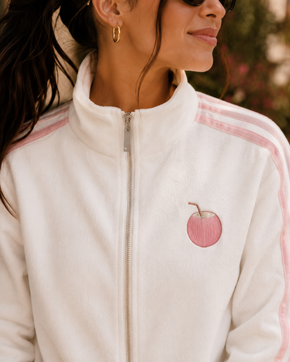 Model showing the back of the PinkyCoco White Pinkstripe Coco women's matching fleece lounge set