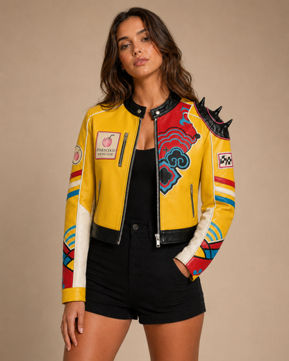 Model wearing the PinkyCoco Yellow Pop Spiked women's racing jacket, back view