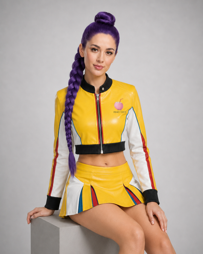 Model showing the back of the PinkyCoco Yellow Pop women's sheepskin leather racing jacket and skirt set