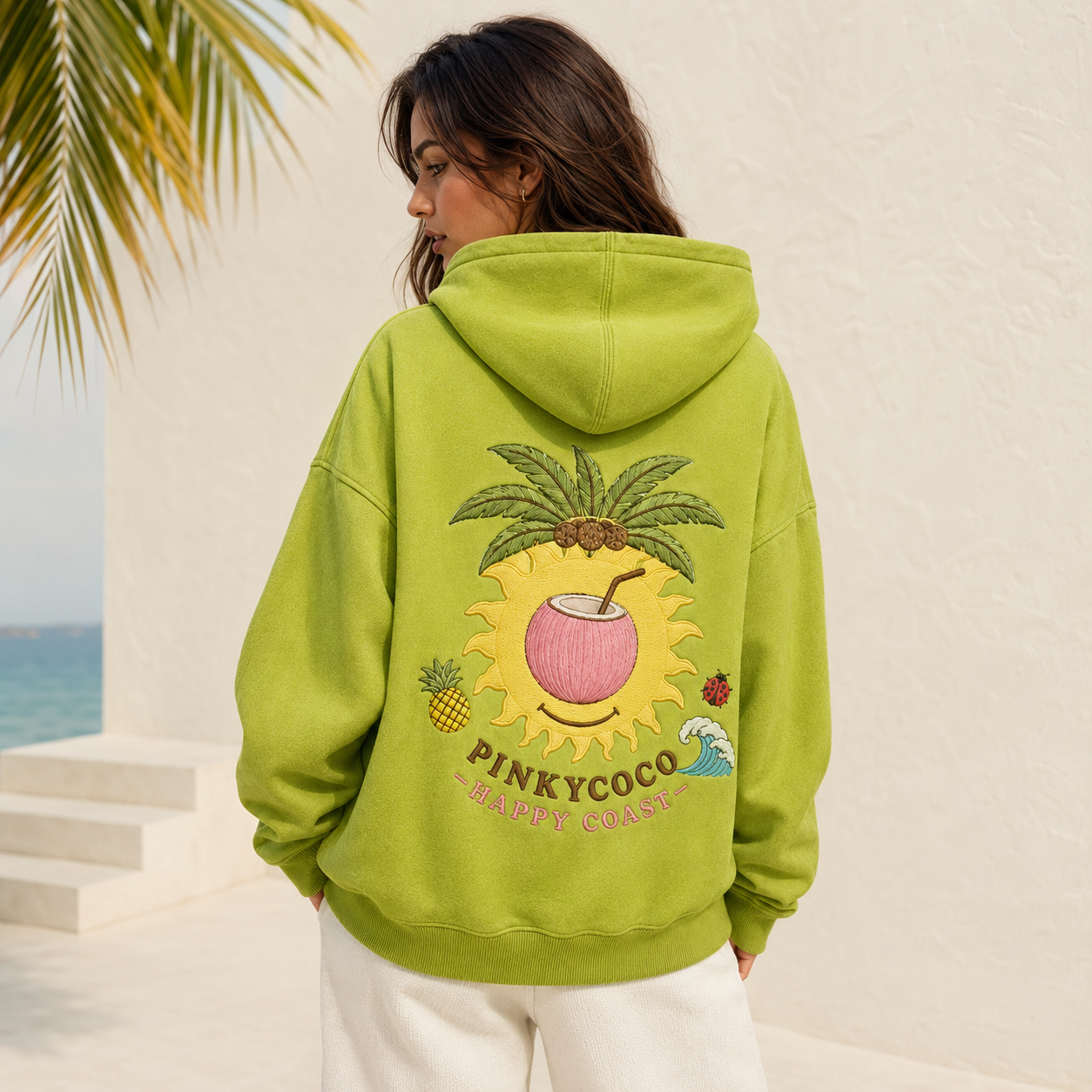 PinkyCoco Acid Palm Smiley women's graphic fleece hoodie product side view in acid green