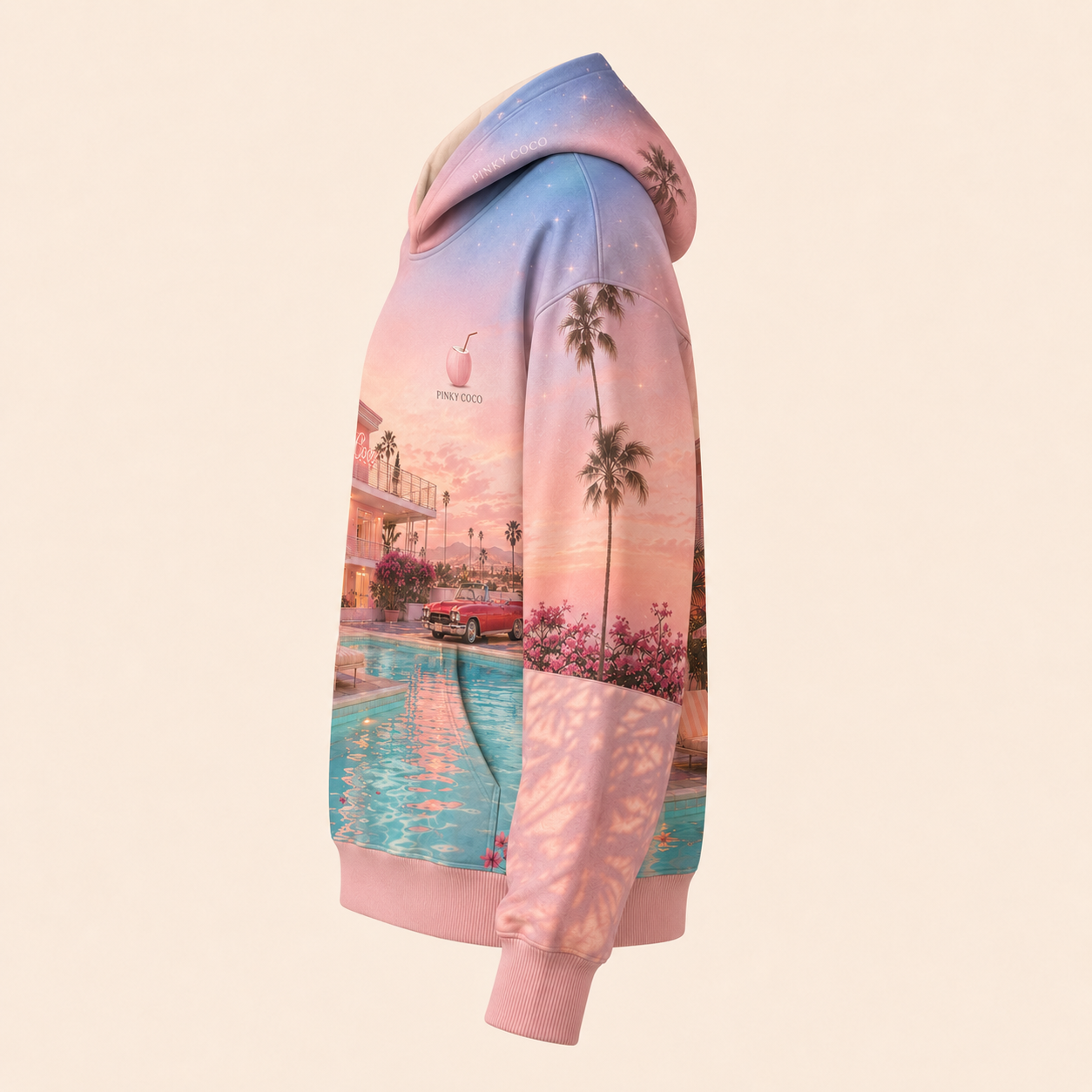 Side view of the PinkyCoco Afterglow Motel women's hoodie