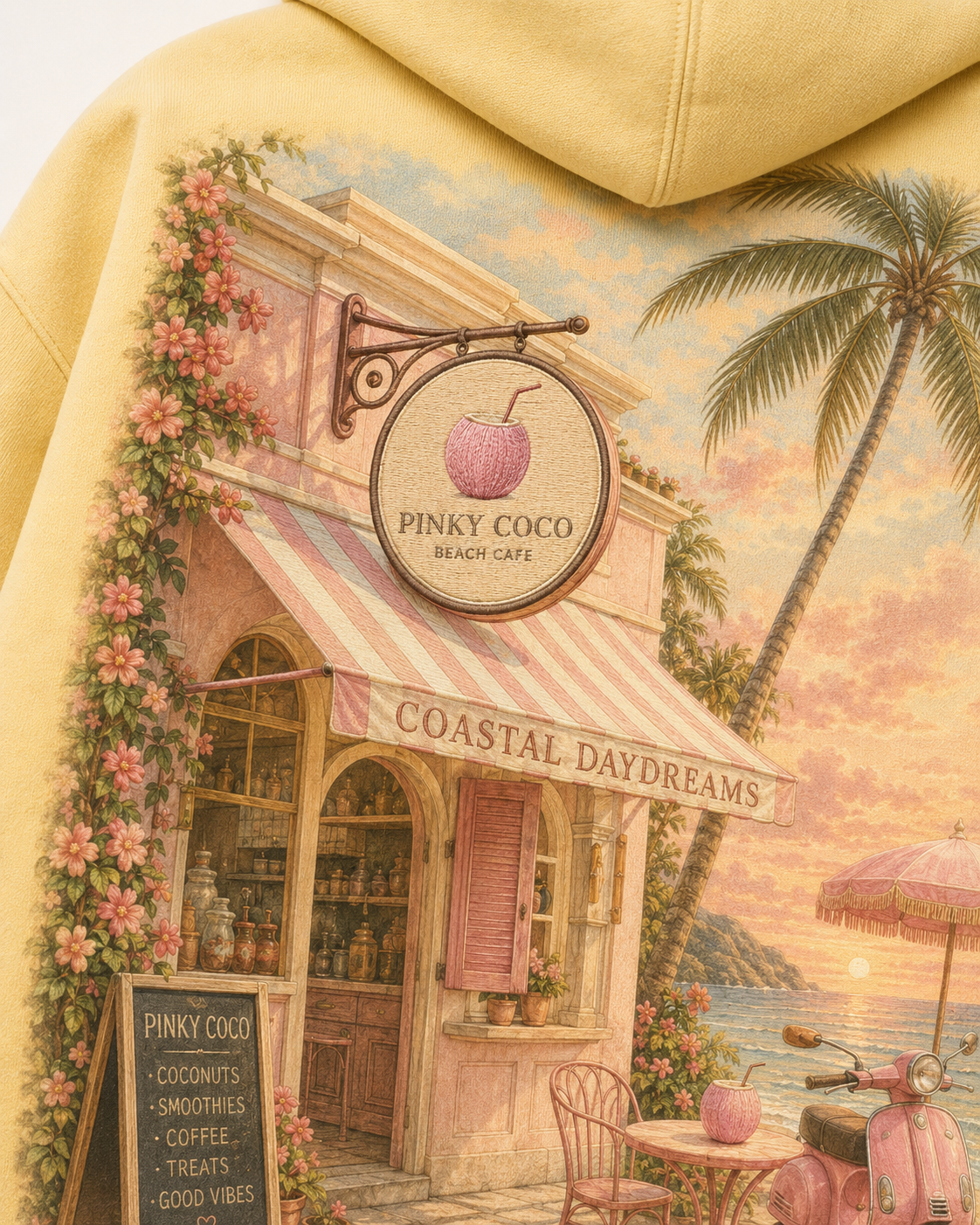 Side view of the PinkyCoco Beach Cafe women's hoodie