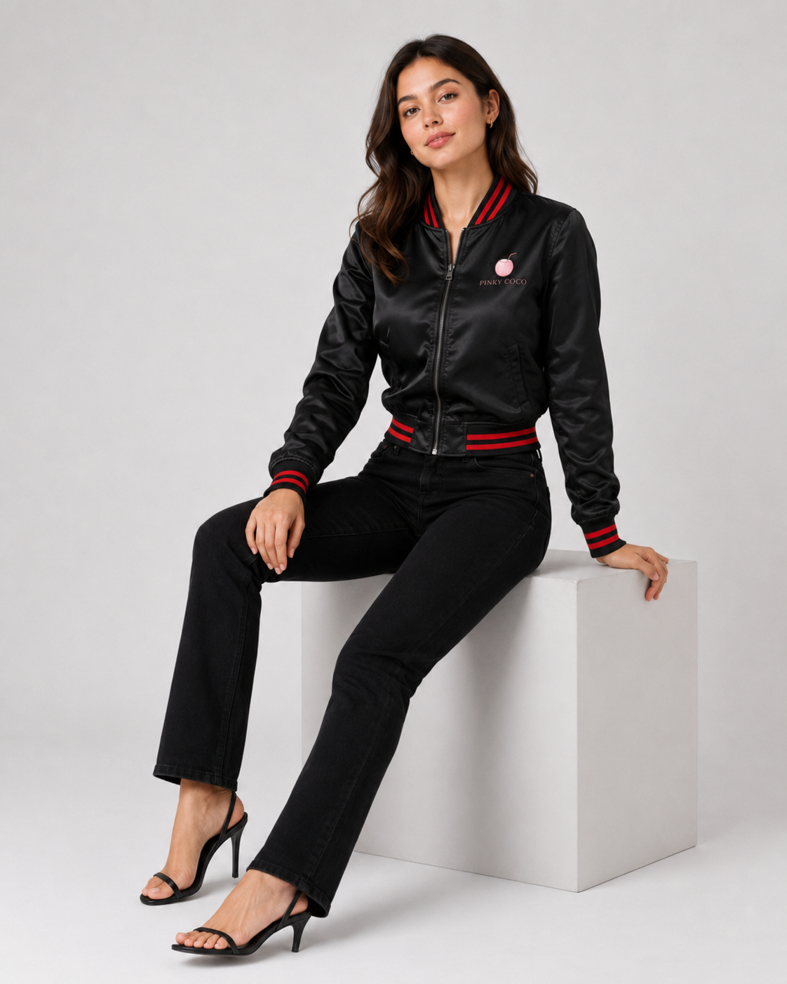 PinkyCoco Black Red Coco Women's Satin Bomber Jacket, side view