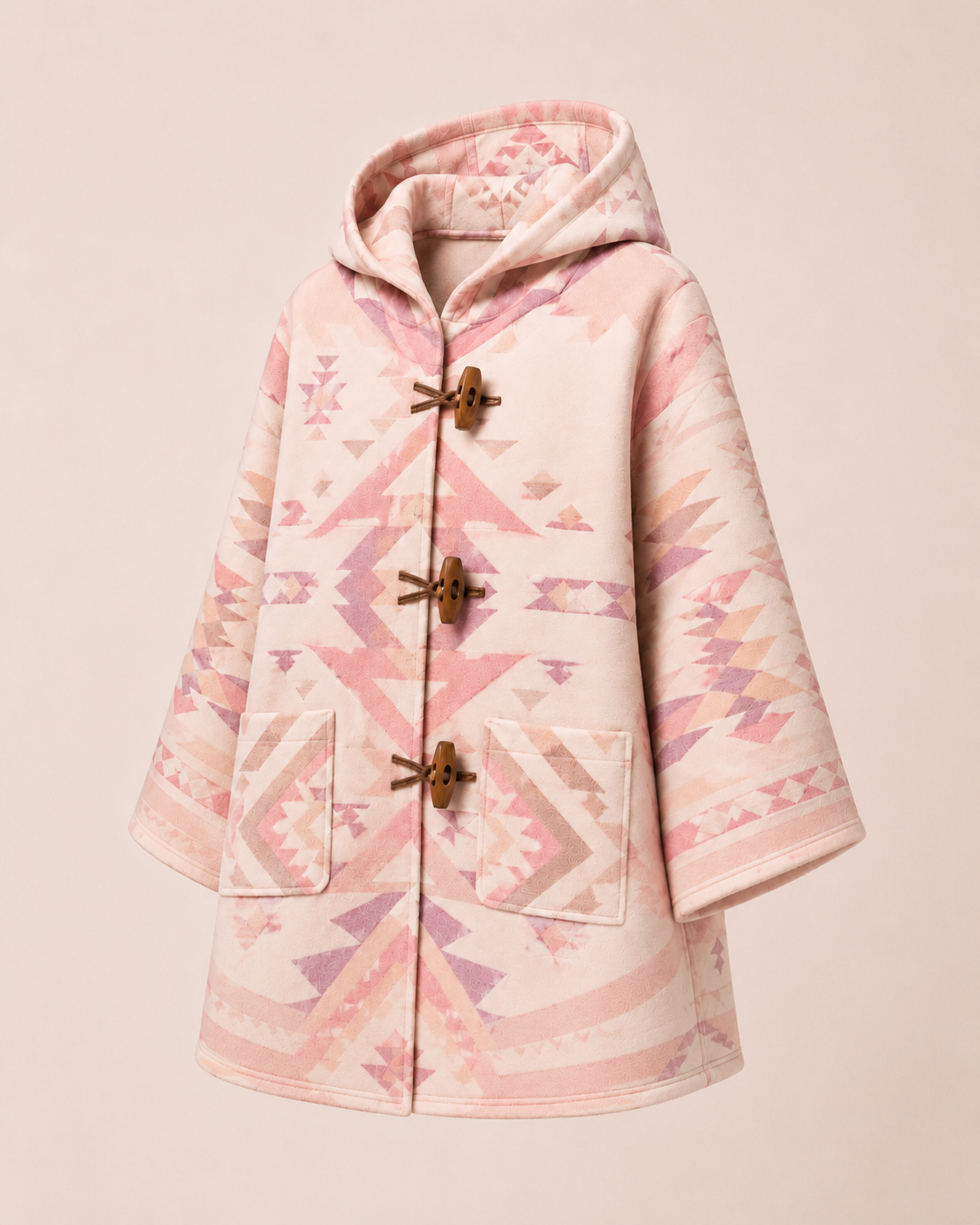 Side product view of the PinkyCoco Blush Desert Geo women's wool blend artistic hooded cape
