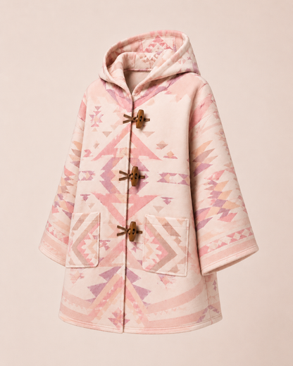 Side product view of the PinkyCoco Blush Desert Geo women's wool blend artistic hooded cape