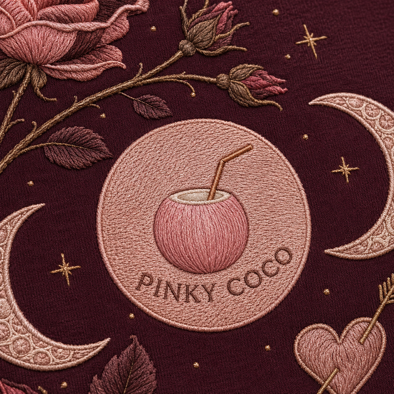 Side view of the PinkyCoco Burgundy Rose Moon women's hoodie
