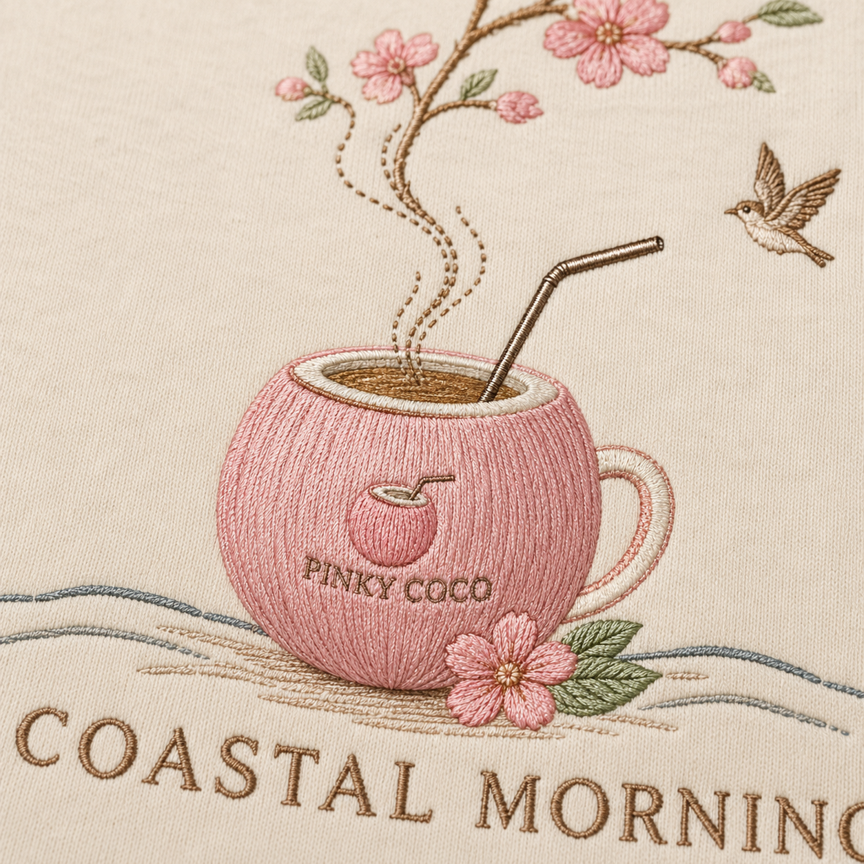 Side view of the PinkyCoco Cherry Blossom Coffee Coast women's hoodie