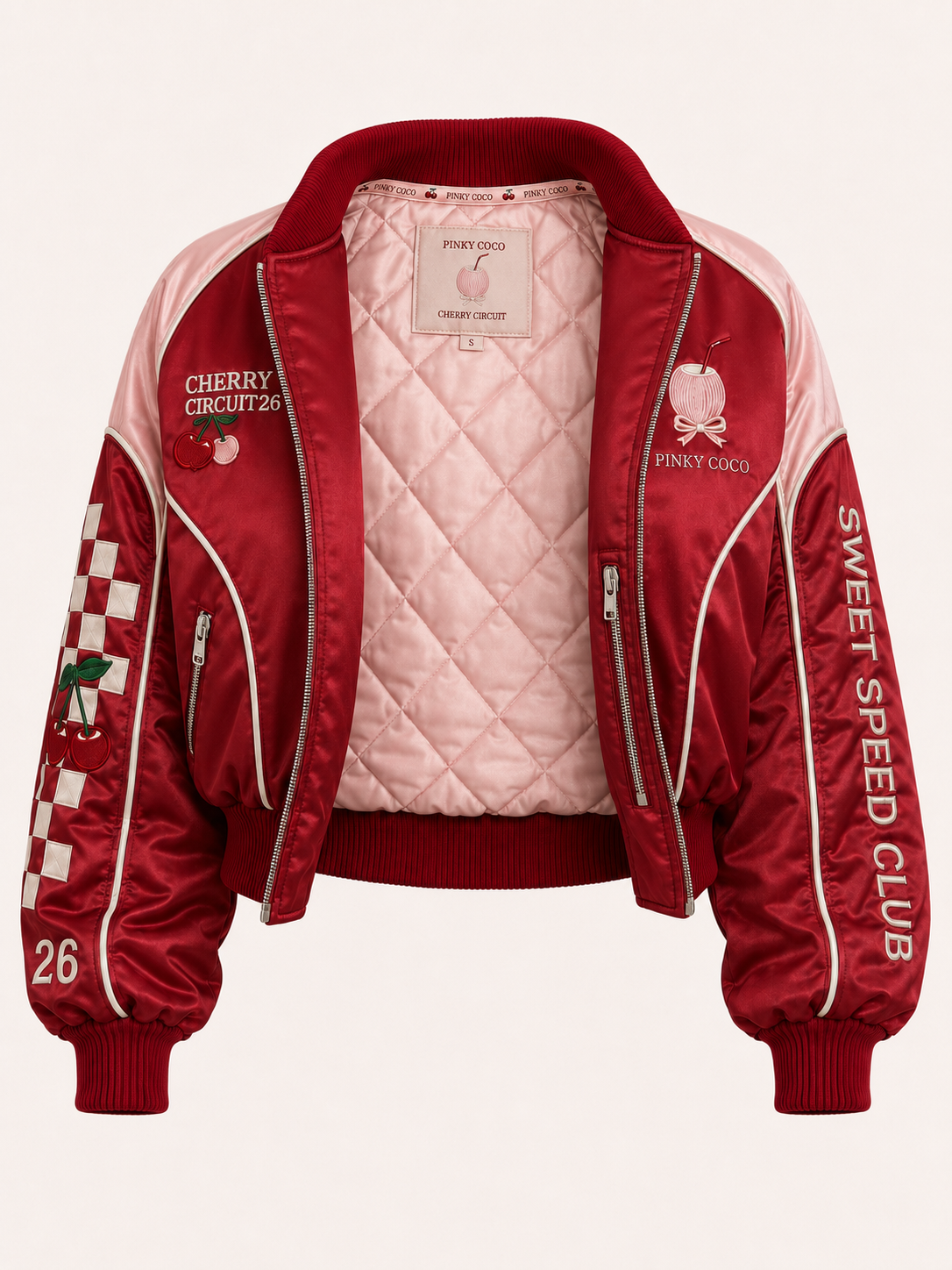 Side view of the PinkyCoco Cherry Circuit women's satin racing jacket