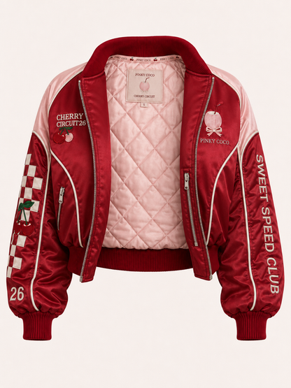 Side view of the PinkyCoco Cherry Circuit women's satin racing jacket