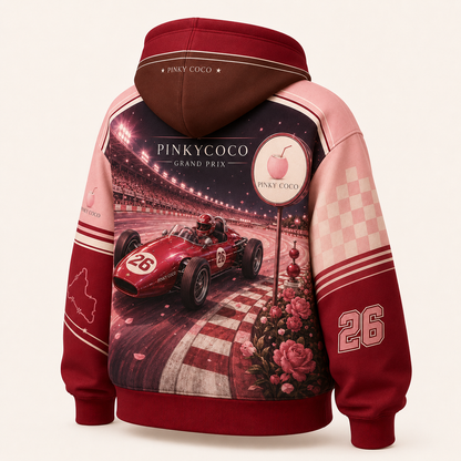 Side view of the PinkyCoco Cherry Grand Prix women's racing hoodie