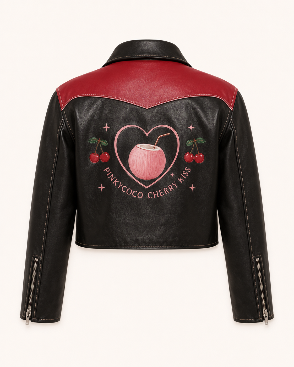 PinkyCoco Cherry Kiss Cropped Women's Leather Fashion Jacket, side view