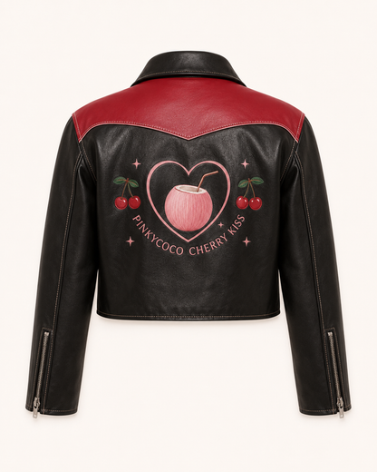 PinkyCoco Cherry Kiss Cropped Women's Leather Fashion Jacket, side view