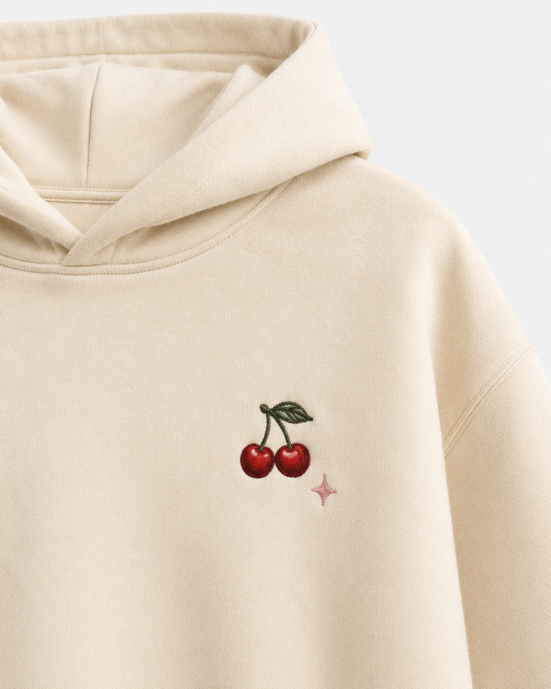 Side view of the PinkyCoco Cherry Picnic women's hoodie