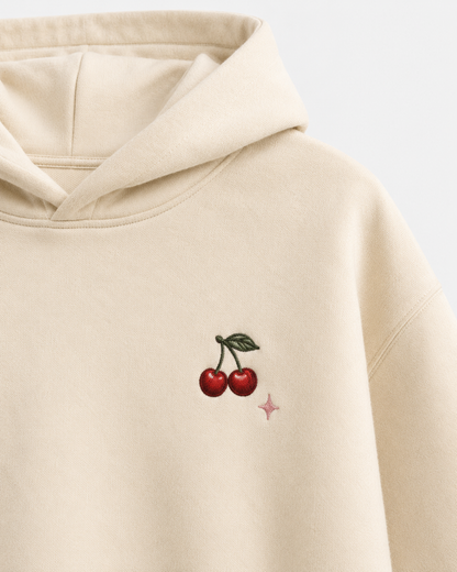 Side view of the PinkyCoco Cherry Picnic women's hoodie