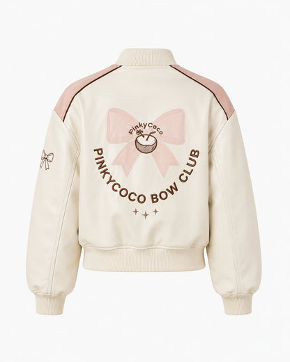 PinkyCoco Coco Bow Ivory Women's Satin Bomber Jacket, side view