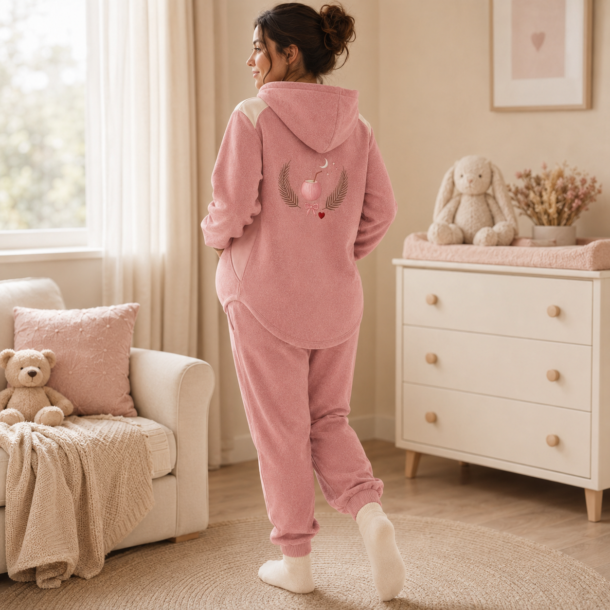 Side view of the PinkyCoco Coco Bump Maternity fleece hoodie and joggers