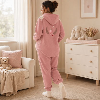 Side view of the PinkyCoco Coco Bump Maternity fleece hoodie and joggers