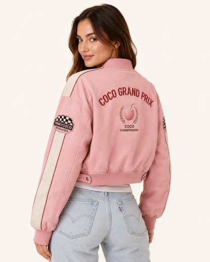 Side view of the PinkyCoco Coco Grand Prix women's satin racing jacket