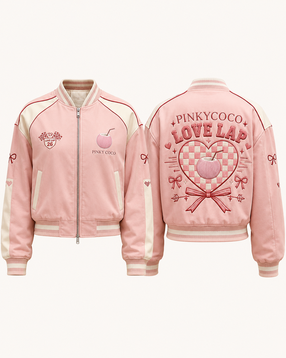 Side view of the PinkyCoco Coco Love Lap Reversible women's satin racing jacket