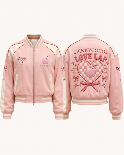Side view of the PinkyCoco Coco Love Lap Reversible women's satin racing jacket