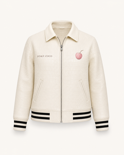 PinkyCoco Croc White Women's Leather Fashion Jacket, side view