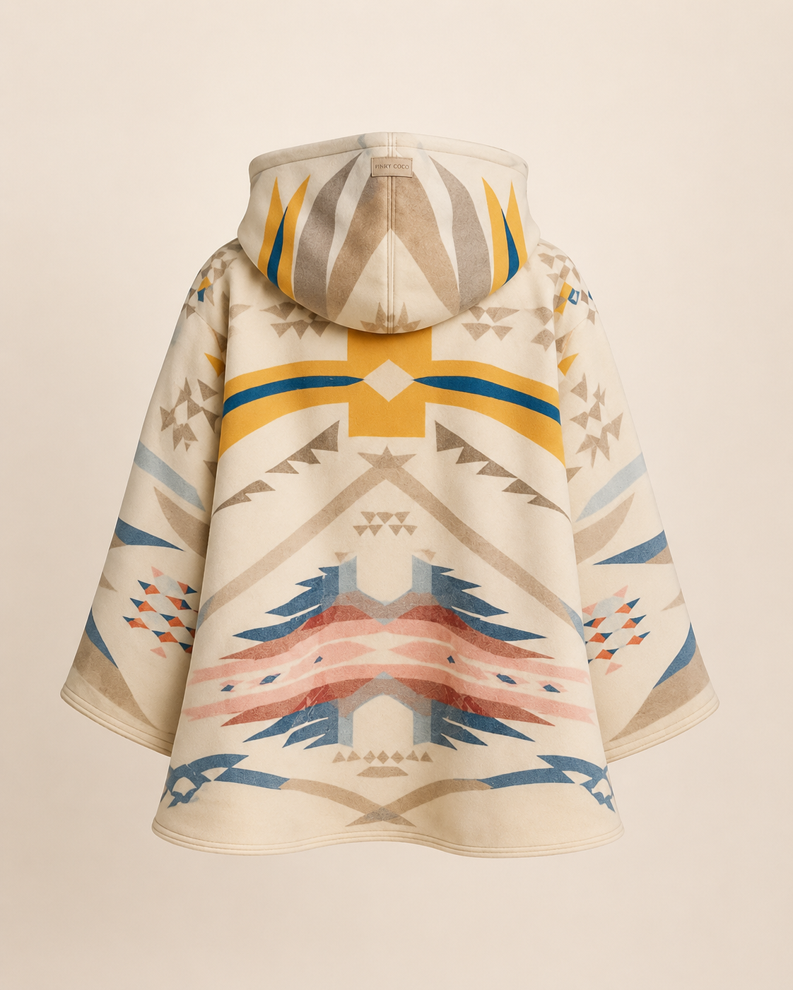 Side product view of the PinkyCoco Desert Bloom Geo women's wool blend artistic hooded cape
