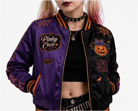 PinkyCoco Halloween Women's Satin Bomber Jacket, side view