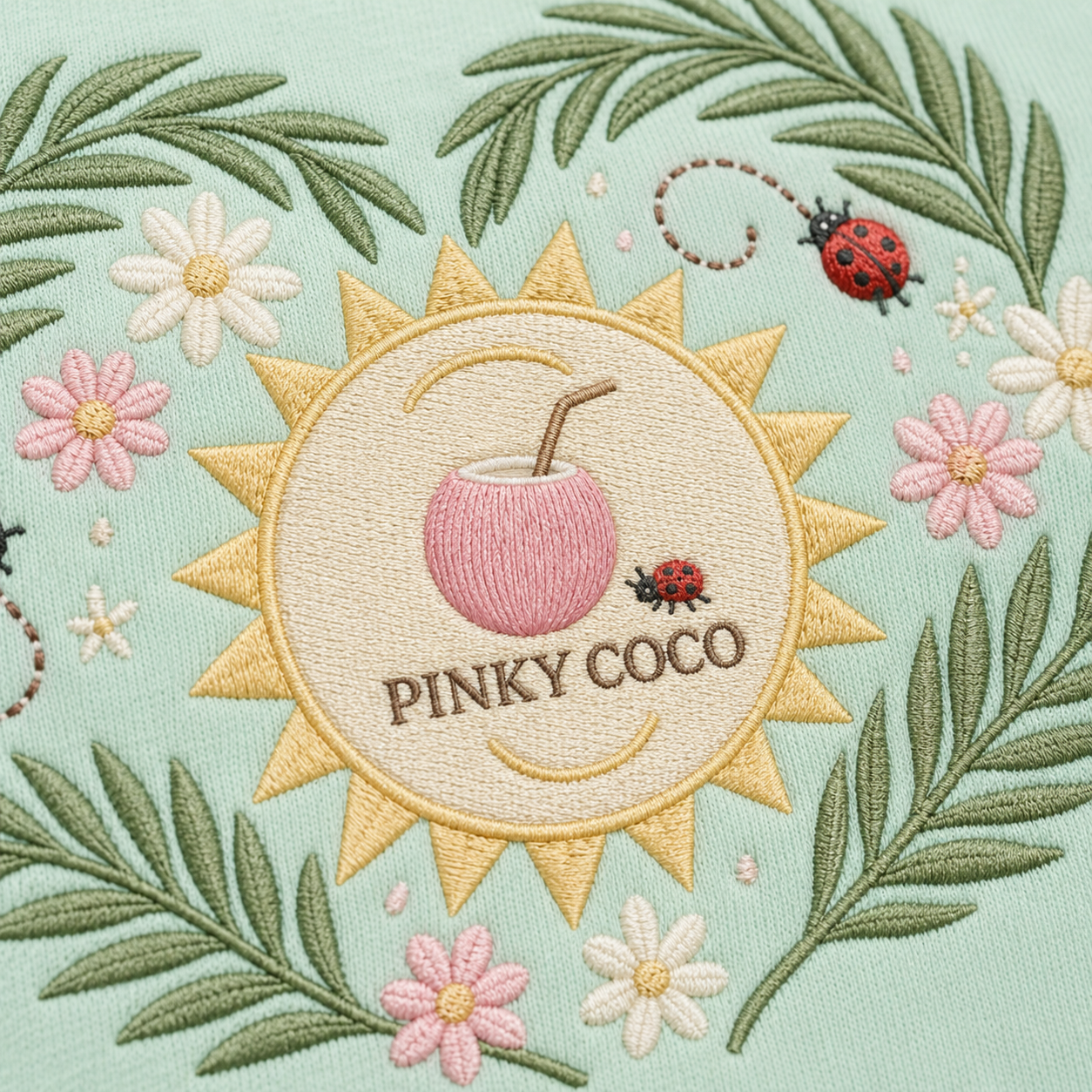 Side view of the PinkyCoco Mint Ladybug Palm Garden women's hoodie