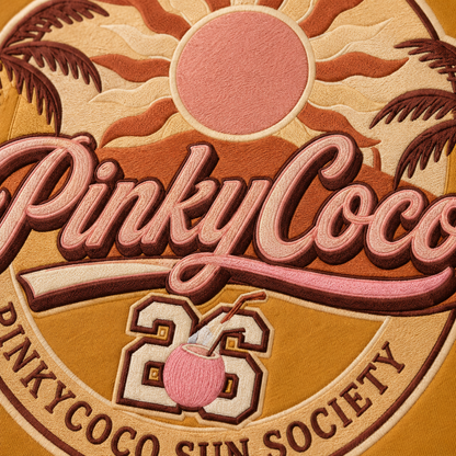 Side view of the PinkyCoco Mustard Retro Sun Society women's hoodie