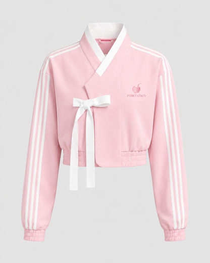 PinkyCoco Pink Striped Bow Women's Fashion Jacket, side view