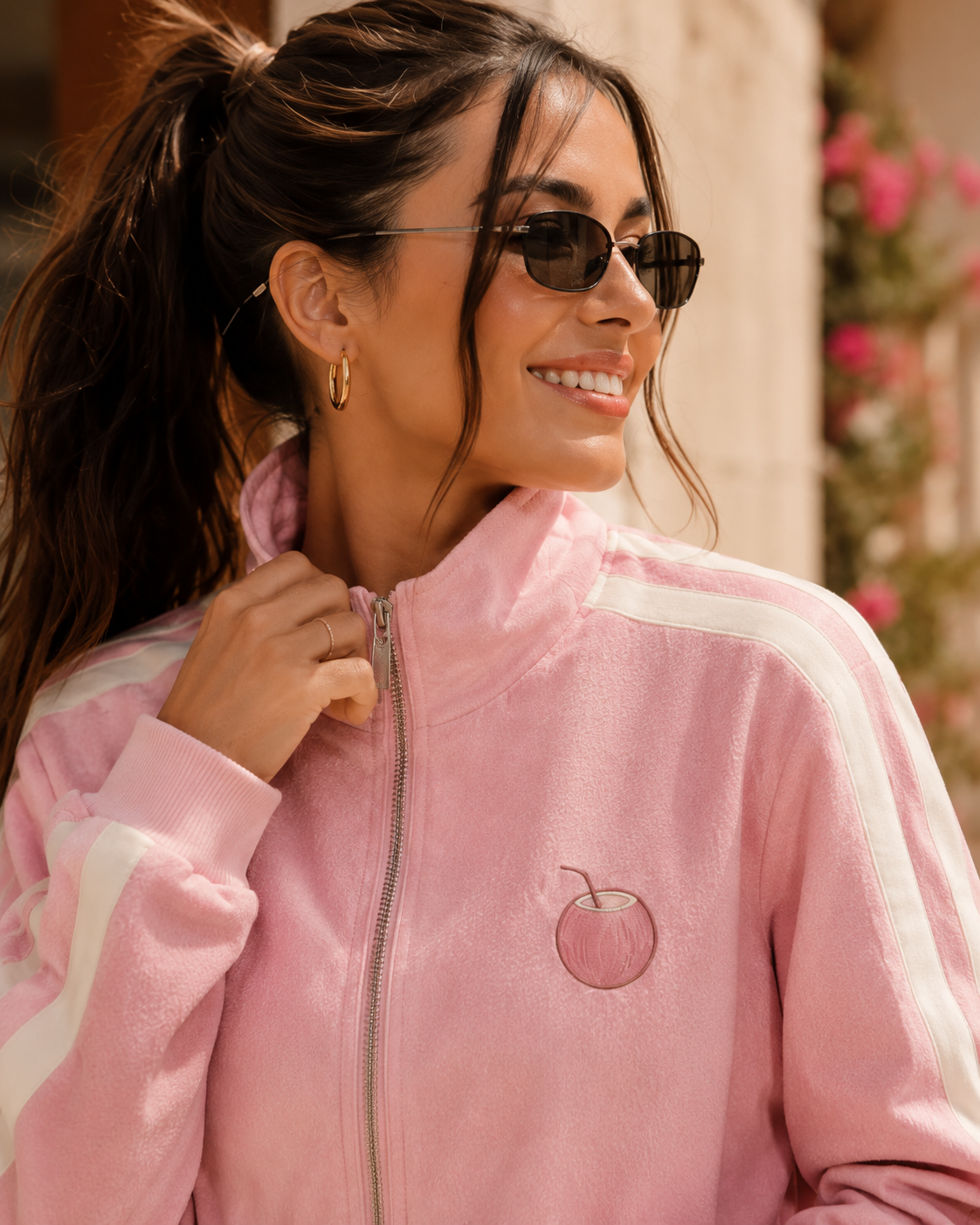 Side product view of the PinkyCoco Pink Whitestripe Coco Sets women's matching fleece lounge set