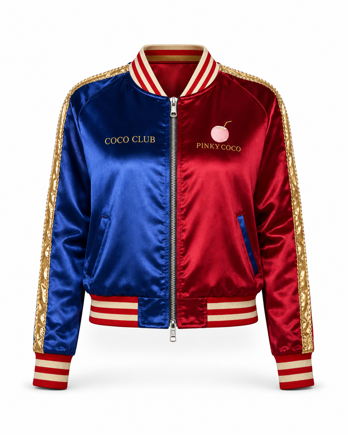 PinkyCoco Red Blue Coco Club Women's Satin Bomber Jacket, side view
