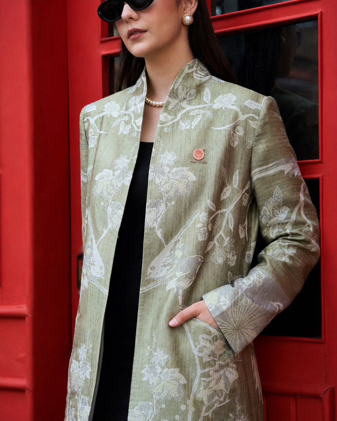 PinkyCoco Sage Floral Women's Statement Coat, side view