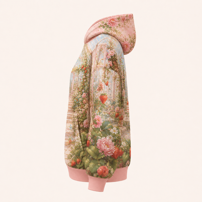 Side view of the PinkyCoco Strawberry Glasshouse women's hoodie