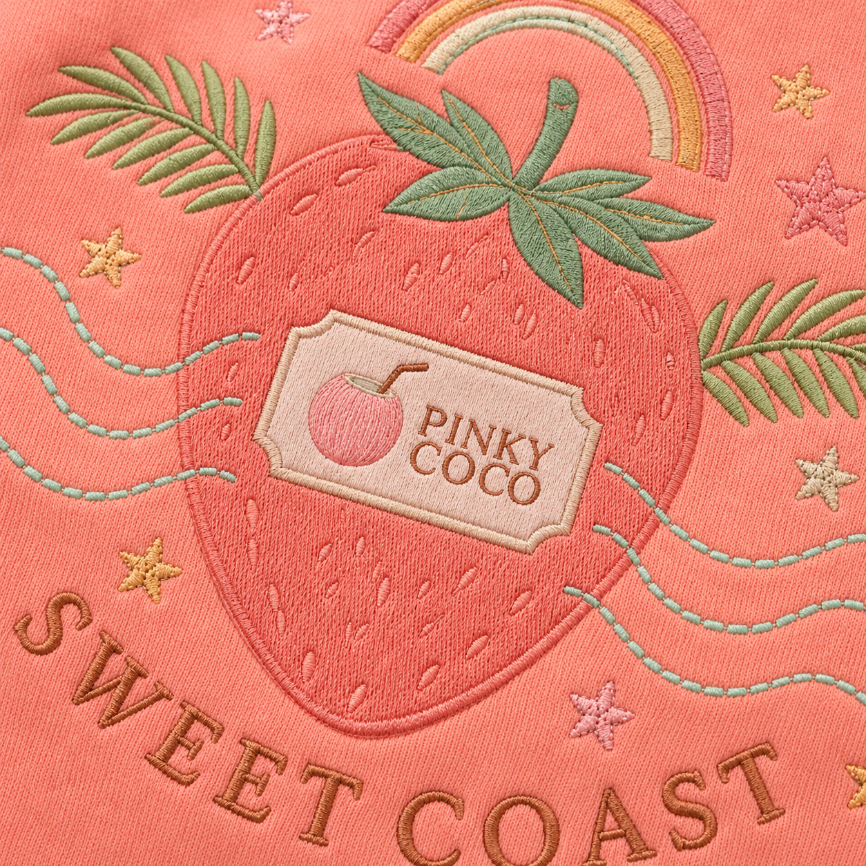 Side view of the PinkyCoco Strawberry Rainbow Coast women's hoodie