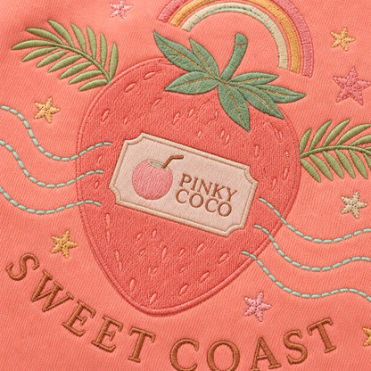 Side view of the PinkyCoco Strawberry Rainbow Coast women's hoodie