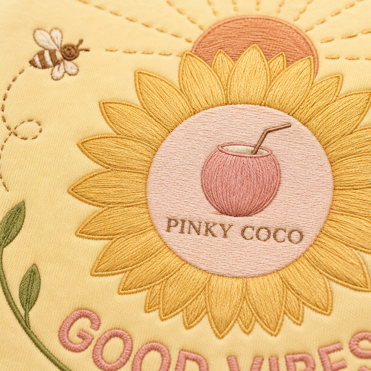 Side view of the PinkyCoco Sunflower Good Vibes Morning women's hoodie