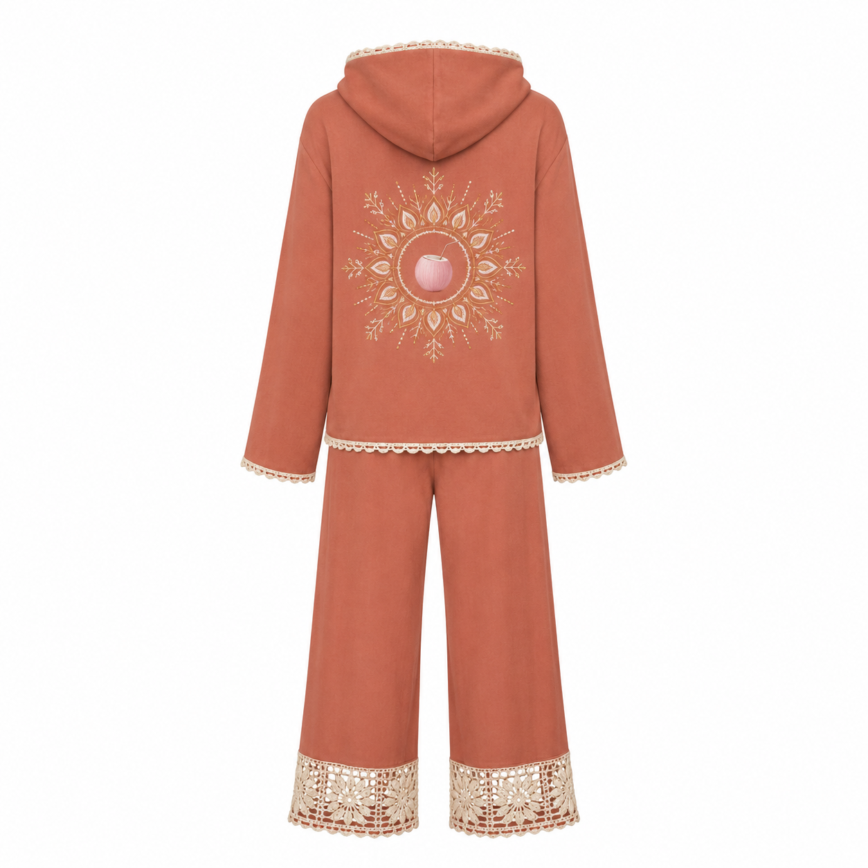Side view of the PinkyCoco Terracotta Mandala Dream fleece set