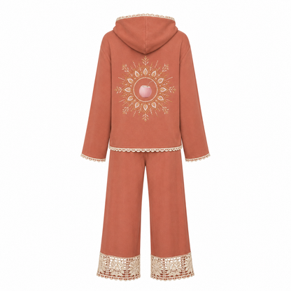 Side view of the PinkyCoco Terracotta Mandala Dream fleece set