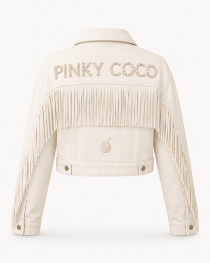 PinkyCoco White Fringe Women's Denim Jacket, side view