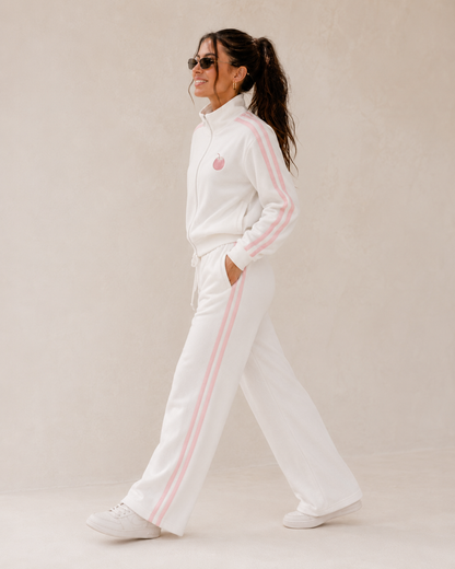 Side product view of the PinkyCoco White Pinkstripe Coco women's matching fleece lounge set