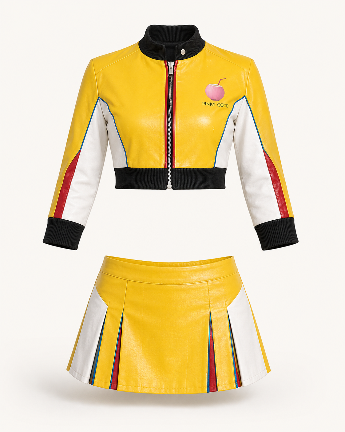 Side product view of the PinkyCoco Yellow Pop women's sheepskin leather racing jacket and skirt set
